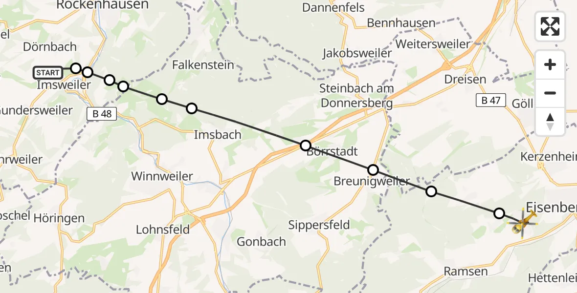 Flugroute Rettungshubschrauber Imsweiler UL - Eisenberg (Pfalz), 06 März 2026, 11:45