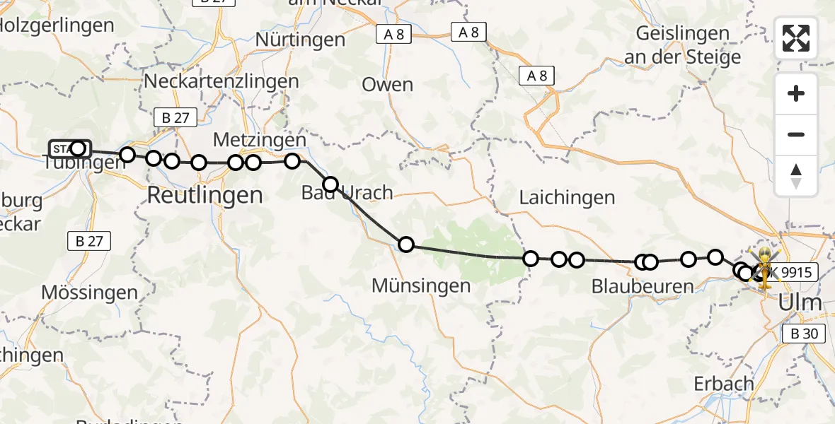 Flugroute Rettungshubschrauber Tübingen Trauma Hospital Helipad - ADAC Air Rescue Station Ulm (Christoph 22), 06 März 2026, 11:47