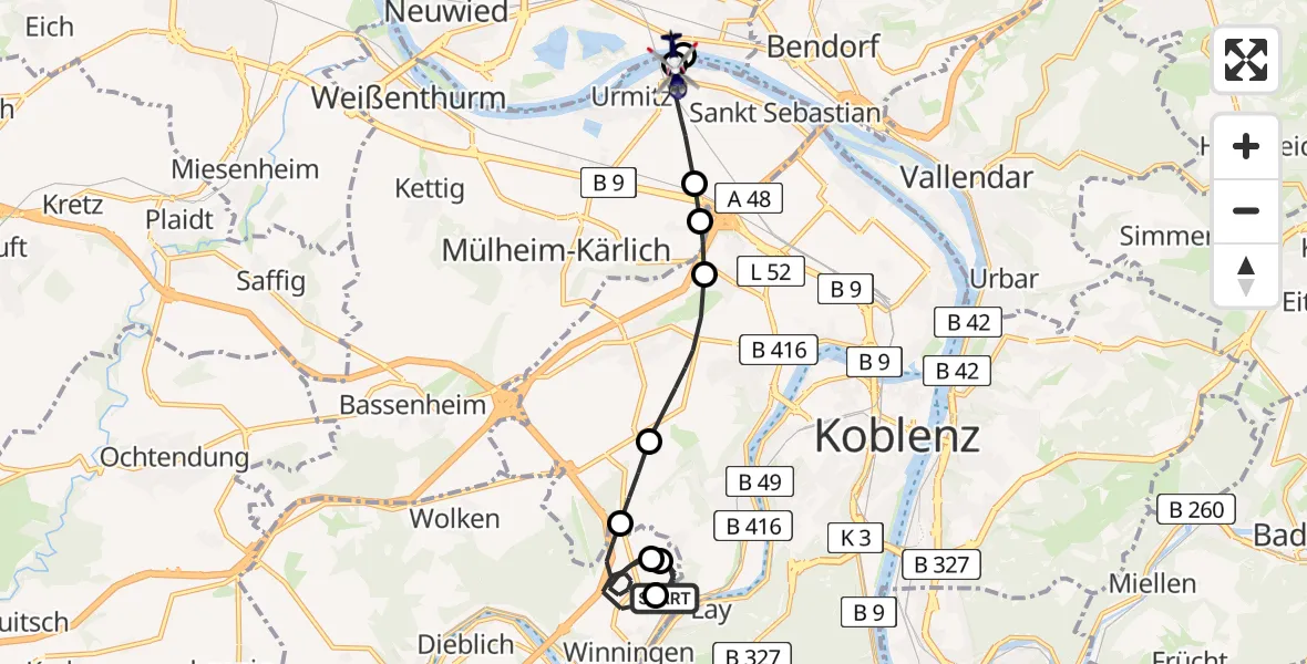 Flugroute Polizeihubschrauber Koblenz-Winningen Airfield - Urmitz, 06 März 2026, 11:53