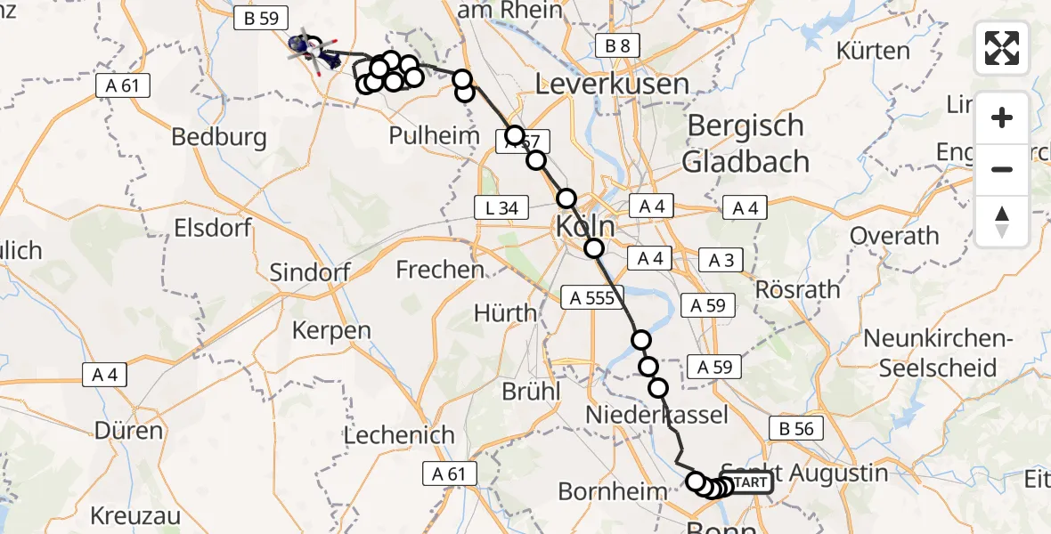 Flugroute Polizeihubschrauber Bonn - Rommerskirchen, 06 März 2026, 12:03