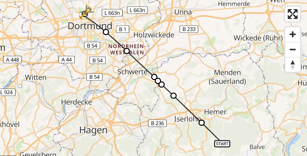 Flugroute Ambulanzhubschrauber Hemer - Dortmund Hospital North Heliport, 06 März 2026, 12:05