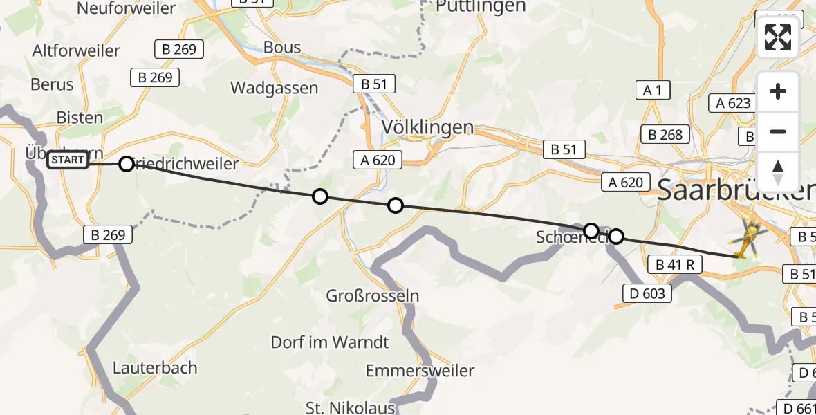 Flugroute Rettungshubschrauber Überherrn - Saarbrücken, 06 März 2026, 12:07