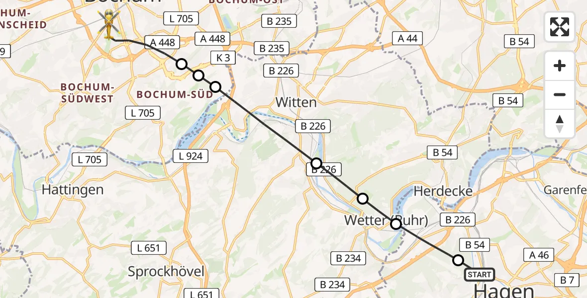 Flugroute Rettungshubschrauber Hagen-Mitte - Bochum, 06 März 2026, 12:22