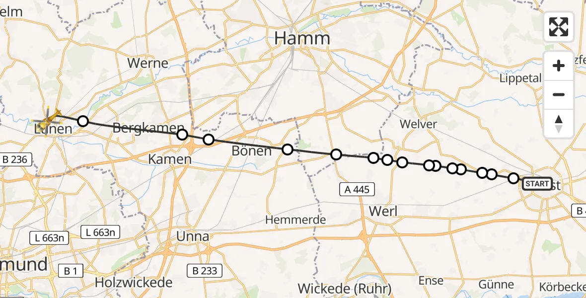 Flugroute Rettungshubschrauber Soest - Sankt Marien Hospital Heliport, 06 März 2026, 12:22