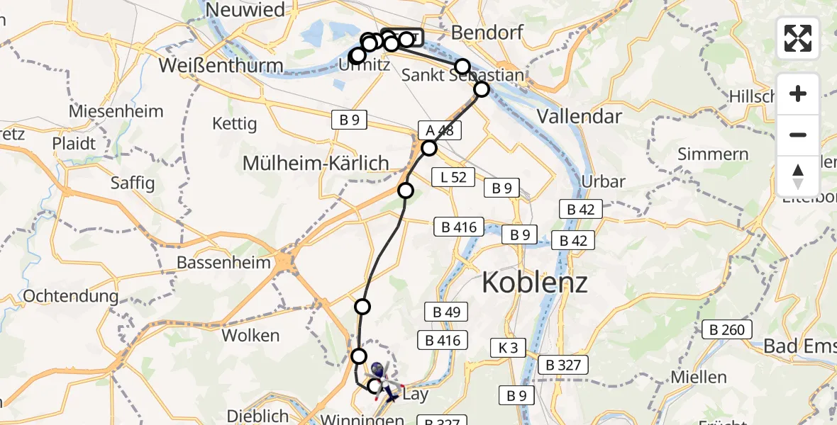 Flugroute Polizeihubschrauber Neuwied - Koblenz-Winningen Airfield, 06 März 2026, 12:23