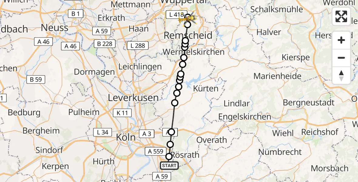 Flugroute Rettungshubschrauber Cologne Bonn Airport - Wuppertal, 06 März 2026, 12:33