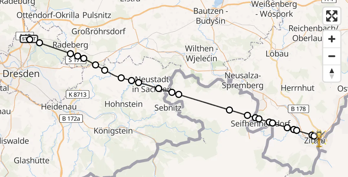 Flugroute Rettungshubschrauber Dresden Airport - Zittau, 06 März 2026, 12:47