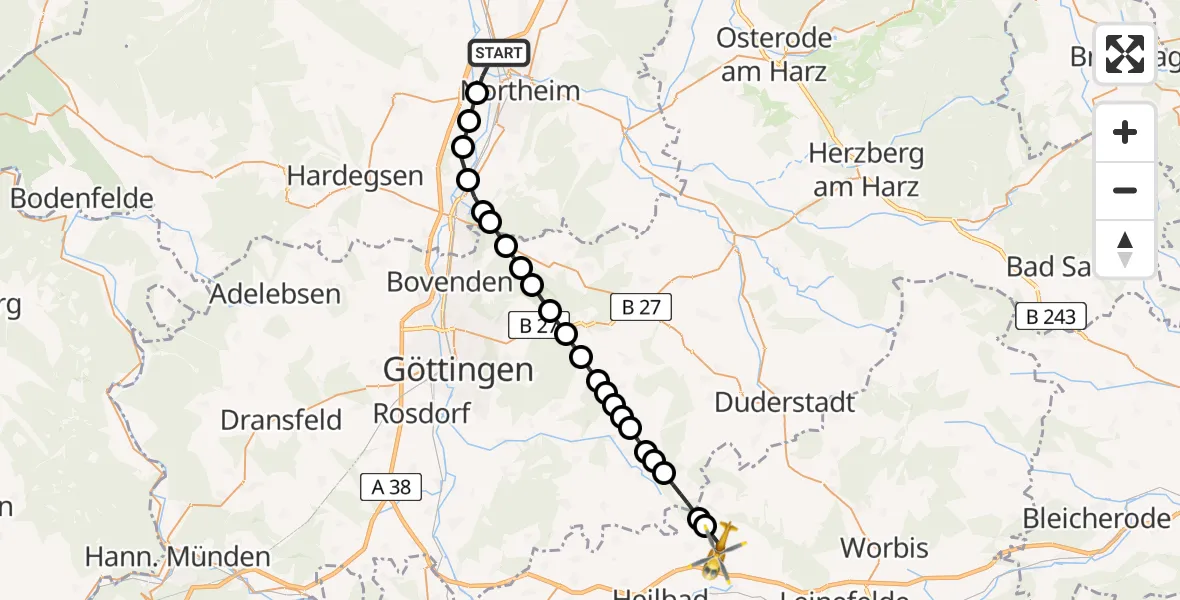 Routekaart van de vlucht: Rettungshubschrauber nach Reinholterode, Bergstraße