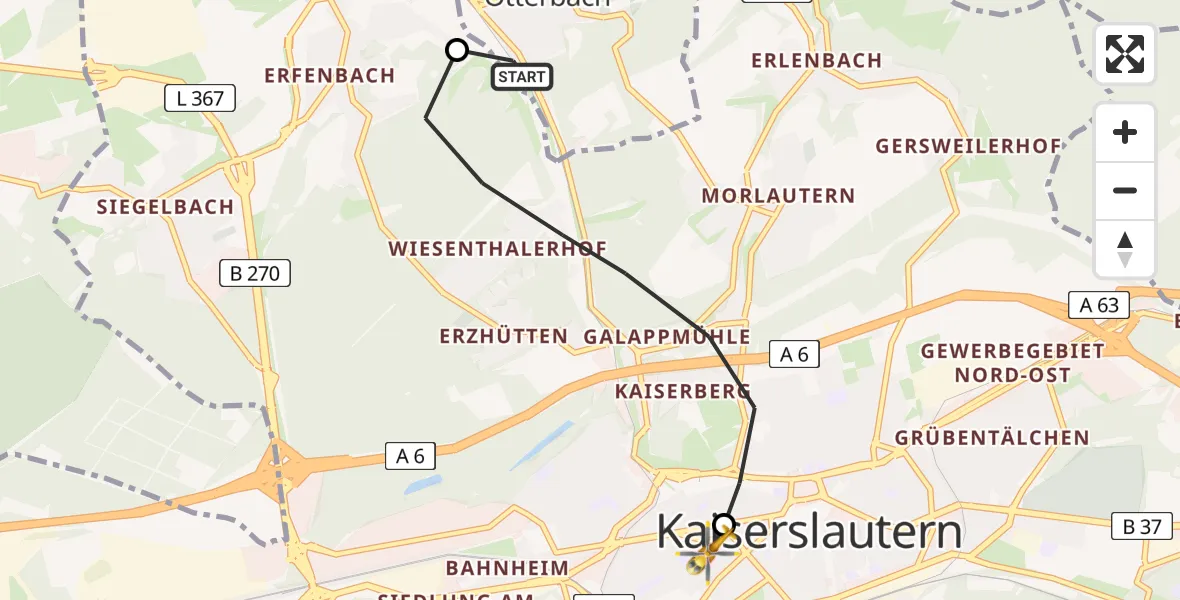Flugroute Rettungshubschrauber Otterbach - Westpfalz Hospital Kaiserslautern Heliport, 06 März 2026, 12:52