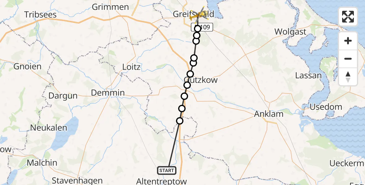 Routekaart van de vlucht: Rettungshubschrauber nach Greifswald, Walther-Rathenau-Straße