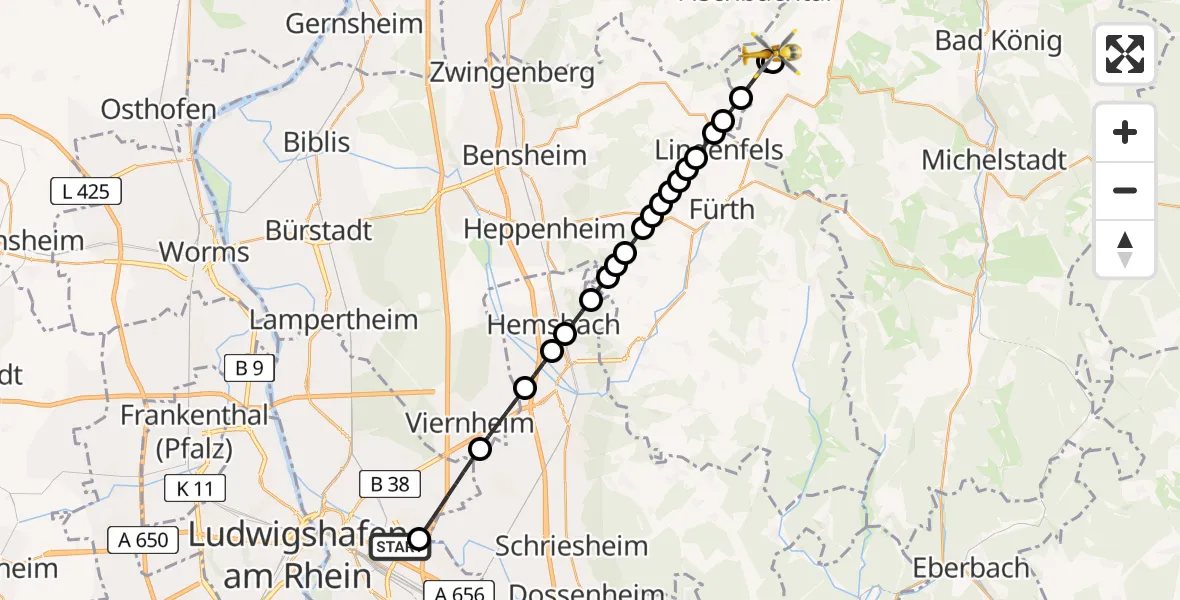 Flugroute Rettungshubschrauber Mannheim-City Airport - Fränkisch-Crumbach, 06 März 2026, 13:01