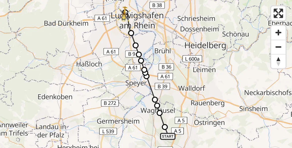 Routekaart van de vlucht: Rettungshubschrauber nach Ludwigshafen Accident Hospital Heliport