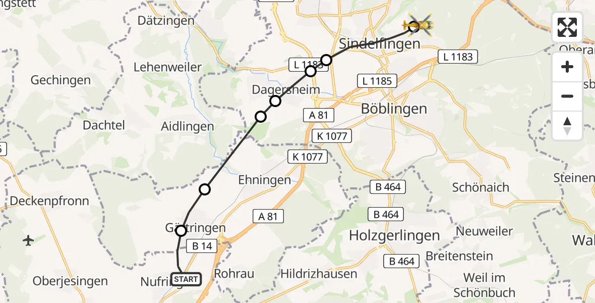 Flugroute Rettungshubschrauber Nufringen - Sindelfingen Hospital Heliport, 06 März 2026, 13:04