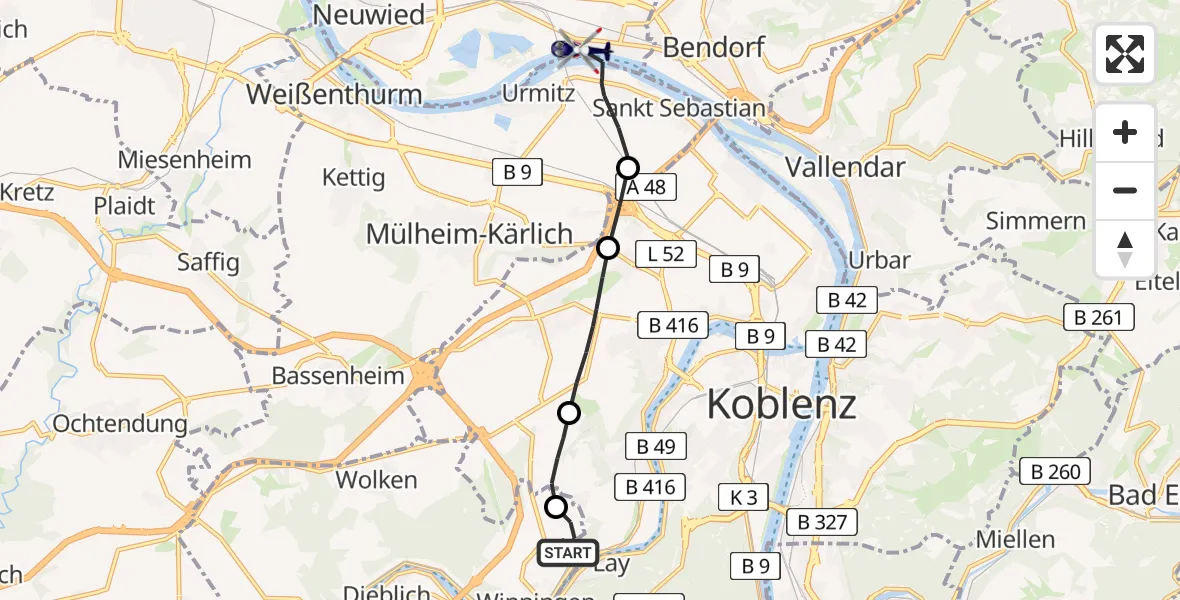 Routekaart van de vlucht: Polizeihubschrauber nach Neuwied, Werftstraße