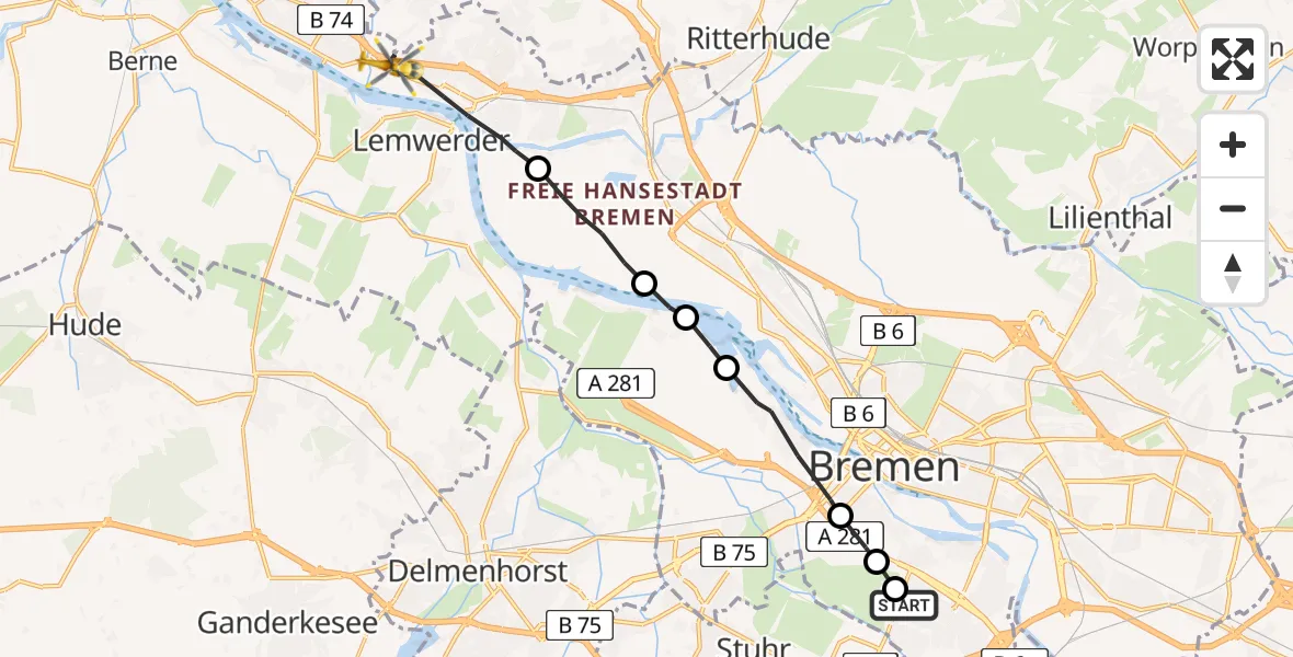 Flugroute Rettungshubschrauber ADAC Air Rescue Station Bremen Heliport (Christoph 6) - Bremen-Nord, 06 März 2026, 13:17