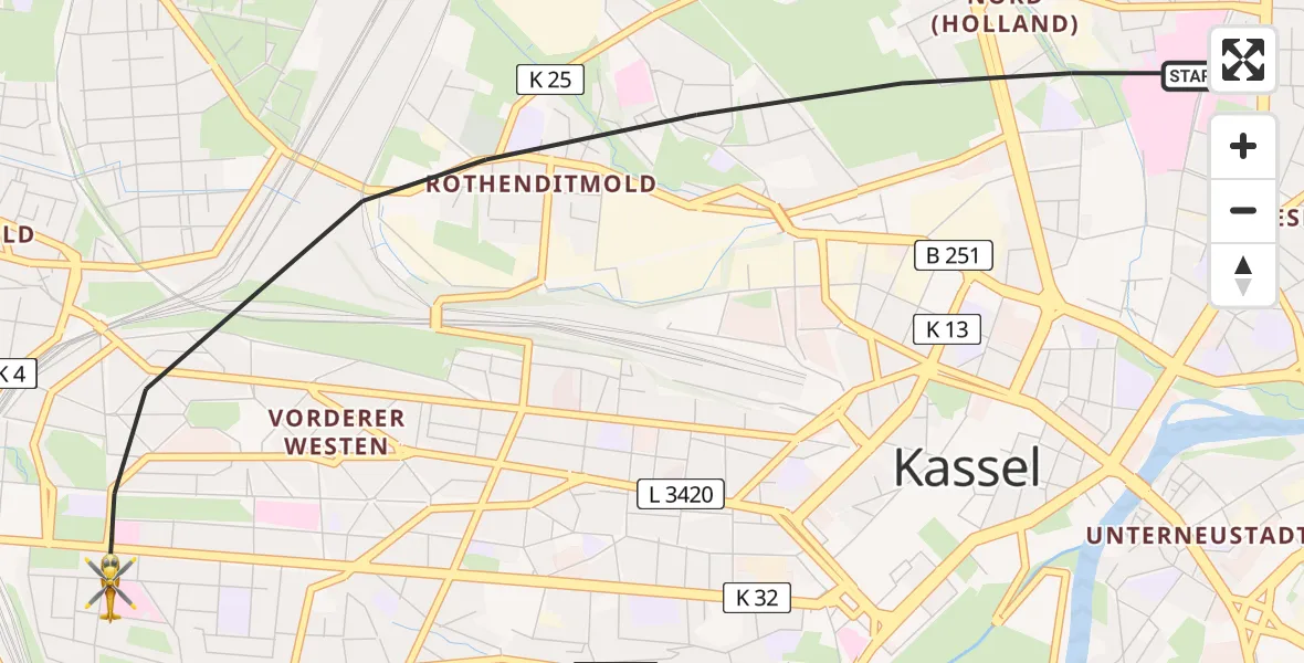 Routekaart van de vlucht: Rettungshubschrauber nach Kassel, Hansteinstraße