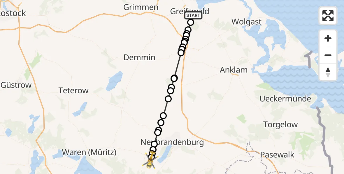 Flugroute Rettungshubschrauber Greifswald - Penzlin, 06 März 2026, 13:39
