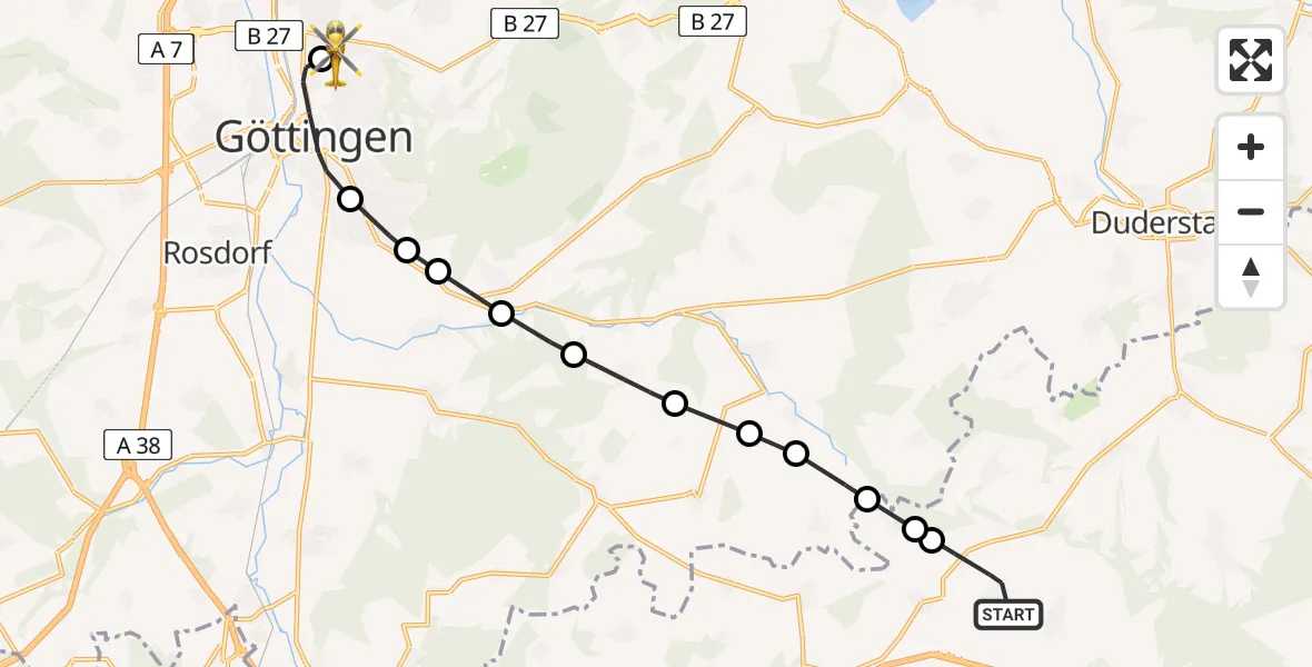 Flugroute Rettungshubschrauber Reinholterode - Göttingen University Clinic Heliport, 06 März 2026, 13:43