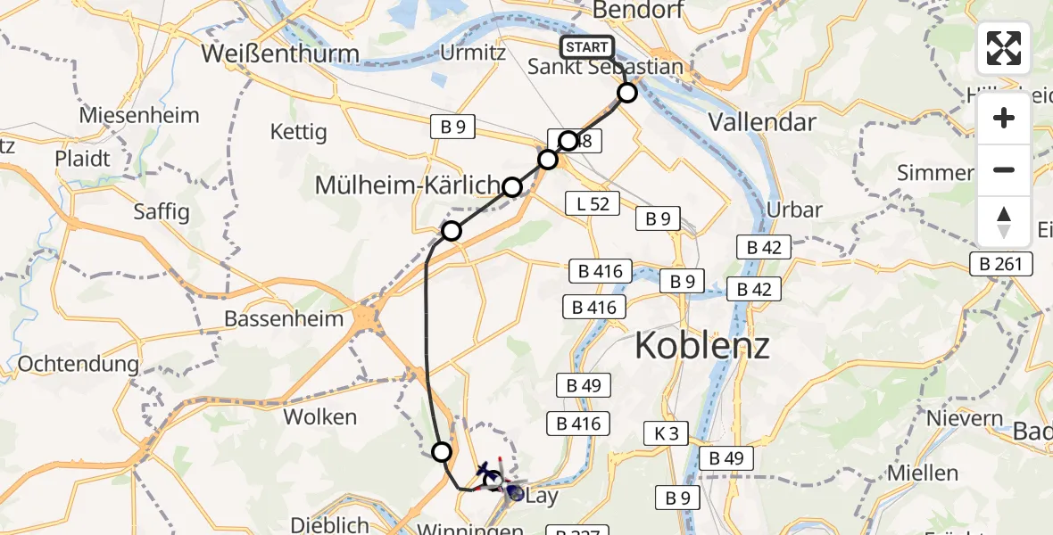 Routekaart van de vlucht: Polizeihubschrauber nach Koblenz-Winningen Airfield