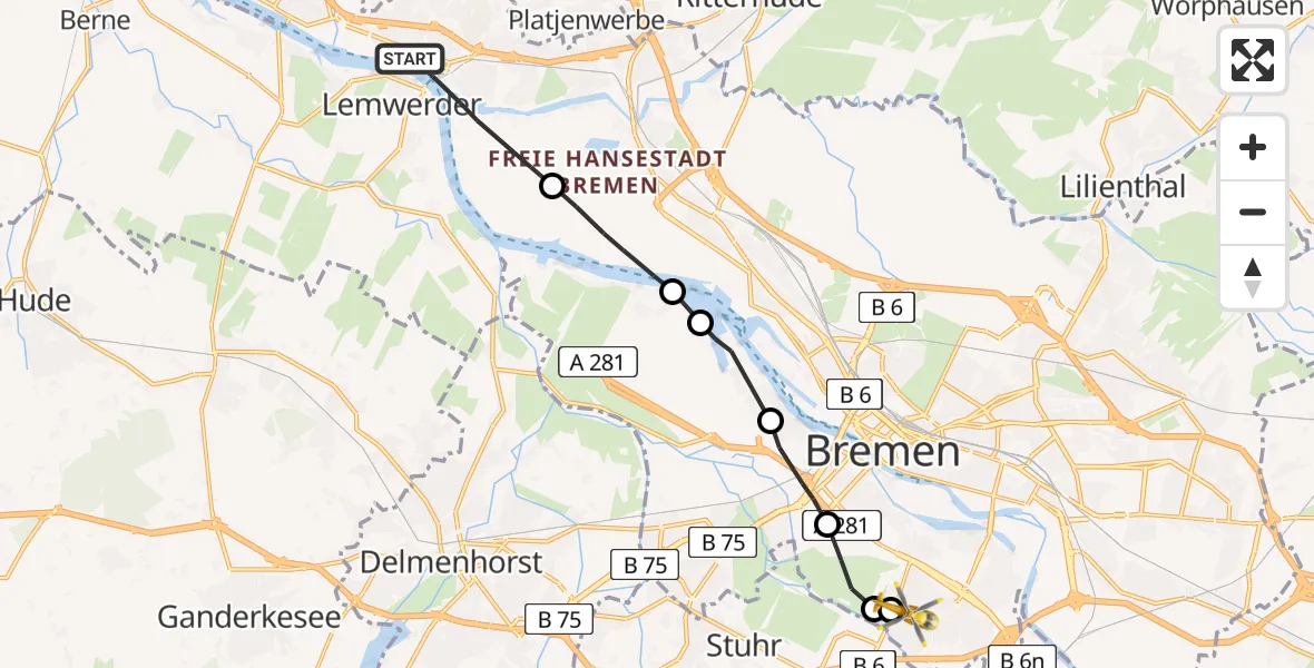 Flugroute Rettungshubschrauber Bremen-Nord - ADAC Air Rescue Station Bremen Heliport (Christoph 6), 06 März 2026, 13:54