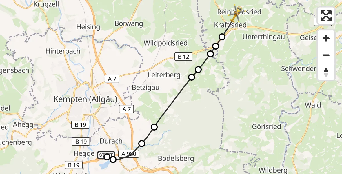 Flugroute Rettungshubschrauber Weidach - Reinhardsried, 06 März 2026, 13:56