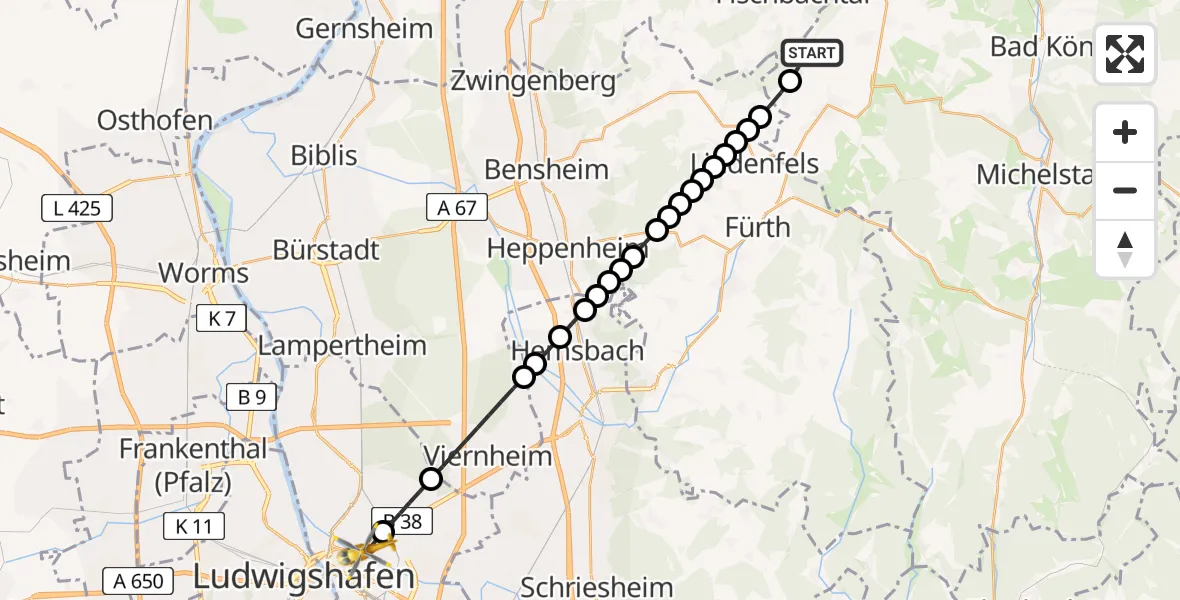 Routekaart van de vlucht: Rettungshubschrauber nach Neckarstadt-Ost/Wohlgelegen, Theodor-Kutzer-Ufer