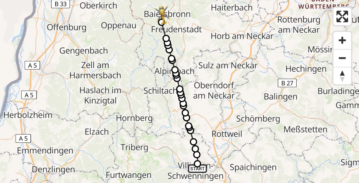 Flugroute Rettungshubschrauber Villingen-Schwenningen - Baiersbronn, 06 März 2026, 14:09