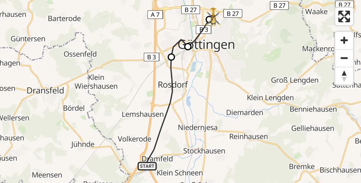 Flugroute Rettungshubschrauber Rosdorf - Göttingen University Clinic Heliport, 06 März 2026, 14:34