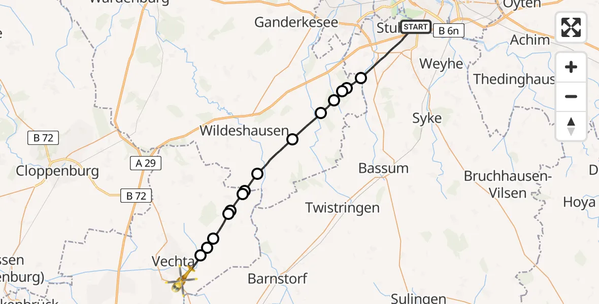 Flugroute Rettungshubschrauber Stuhr - Vechta, 06 März 2026, 14:38