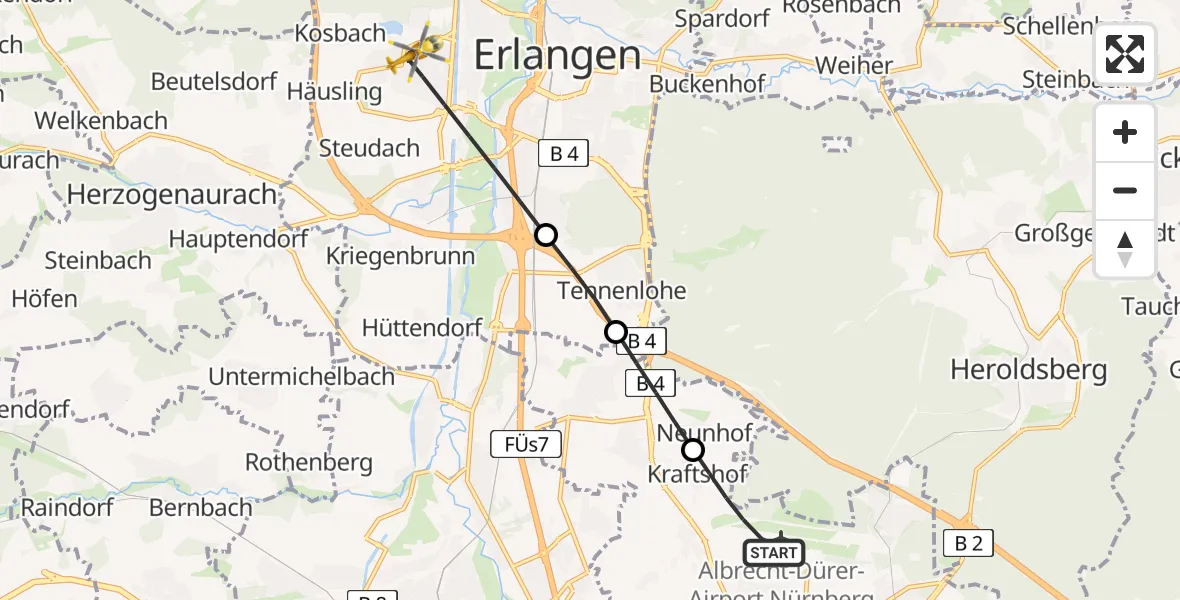 Flugroute Rettungshubschrauber Nuremberg Airport - Erlangen, 06 März 2026, 14:49
