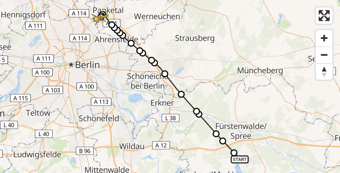 Flugroute Ambulanzhubschrauber Bad Saarow - Helios Clinic Berlin-Buch Heliport, 06 März 2026, 14:55