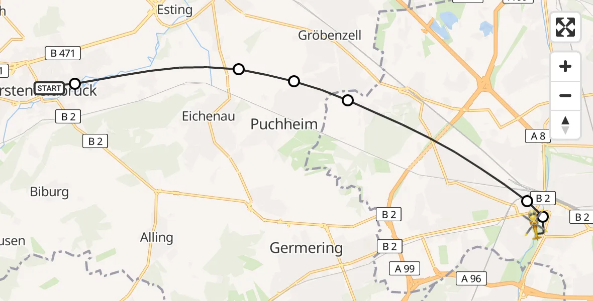 Flugroute Rettungshubschrauber Fürstenfeldbruck - Helios Clinic Munich West Heliport, 06 März 2026, 14:56