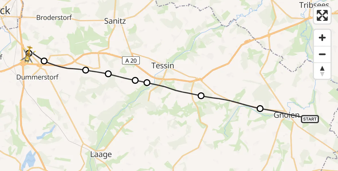 Flugroute Ambulanzhubschrauber Gnoien - Hohen Schwarfs, 06 März 2026, 14:58