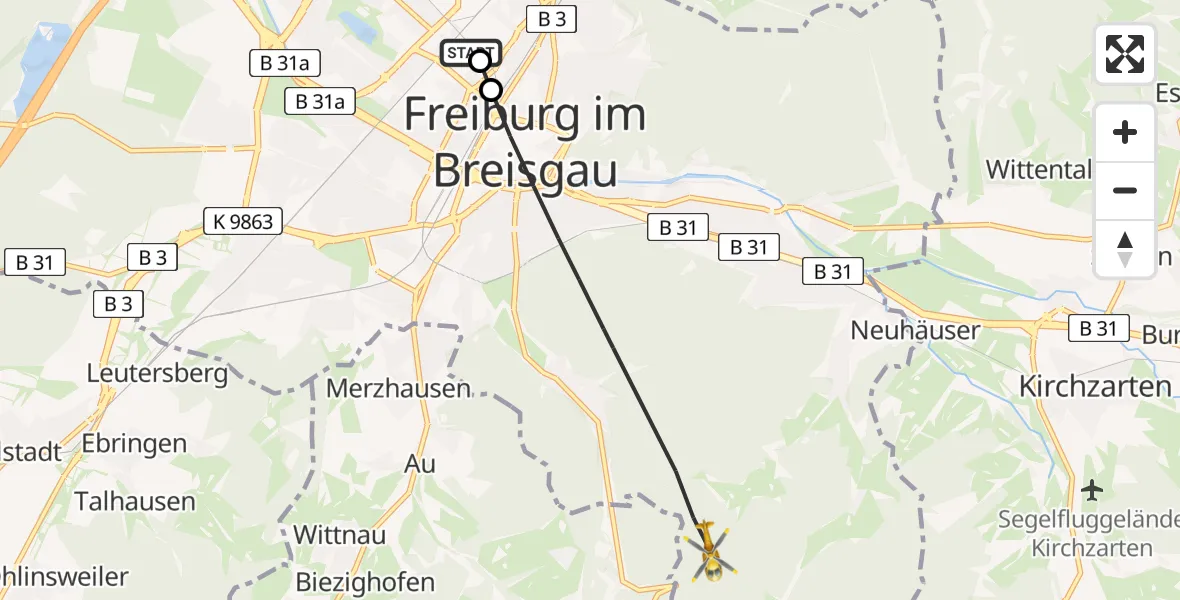 Routekaart van de vlucht: Rettungshubschrauber nach Freiburg im Breisgau, Taubenkopfweg