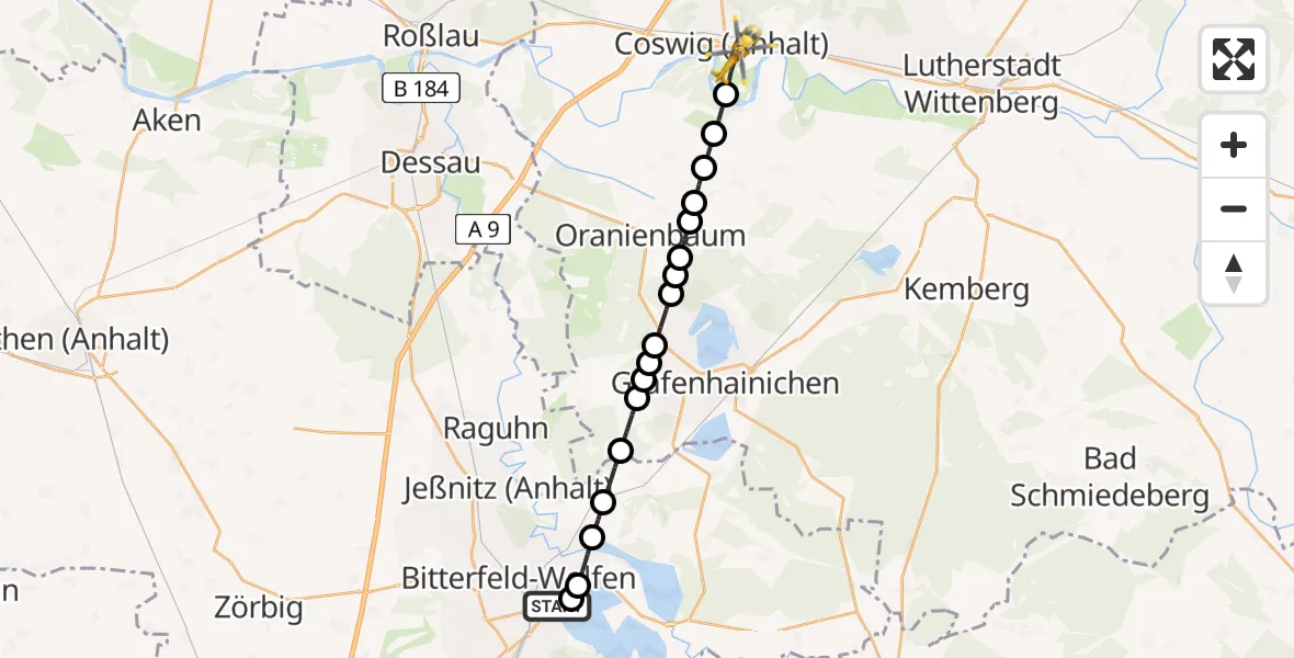 Flugroute Rettungshubschrauber Bitterfield-Wolfen Health Center Heliport - Coswig (Anhalt), 06 März 2026, 15:05