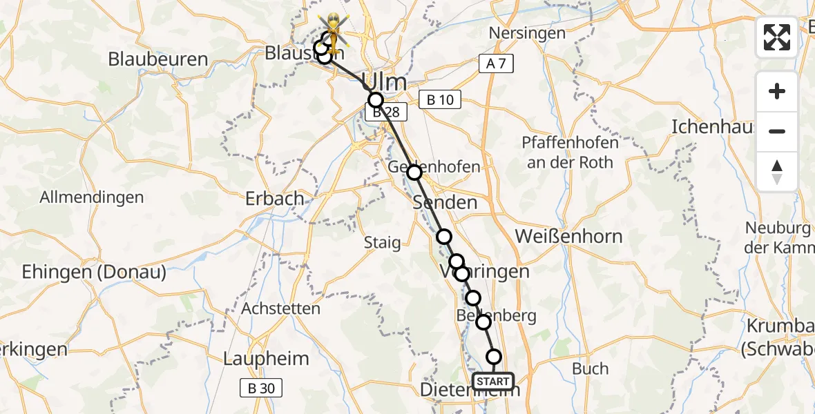 Flugroute Rettungshubschrauber Illertissen - ADAC Air Rescue Station Ulm (Christoph 22), 06 März 2026, 15:10
