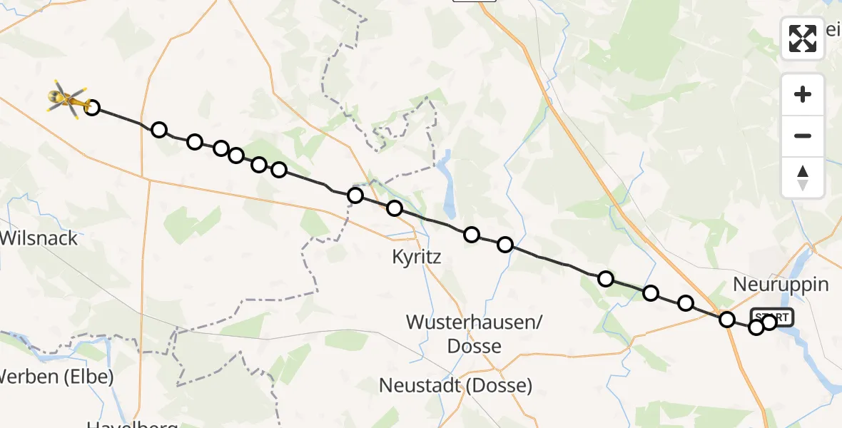 Flugroute Rettungshubschrauber Rupin Hospital Helipad - Plattenburg, 06 März 2026, 15:28