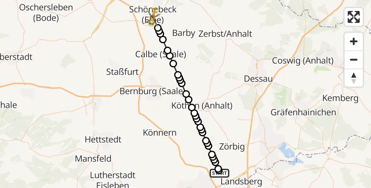 Flugroute Ambulanzhubschrauber Halle-Oppin Airfield - Schönebeck (Elbe), 06 März 2026, 15:42