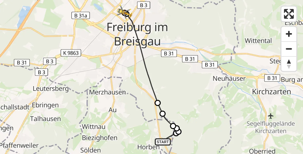 Routekaart van de vlucht: Rettungshubschrauber nach Freiburg University Hospital Heliport 1
