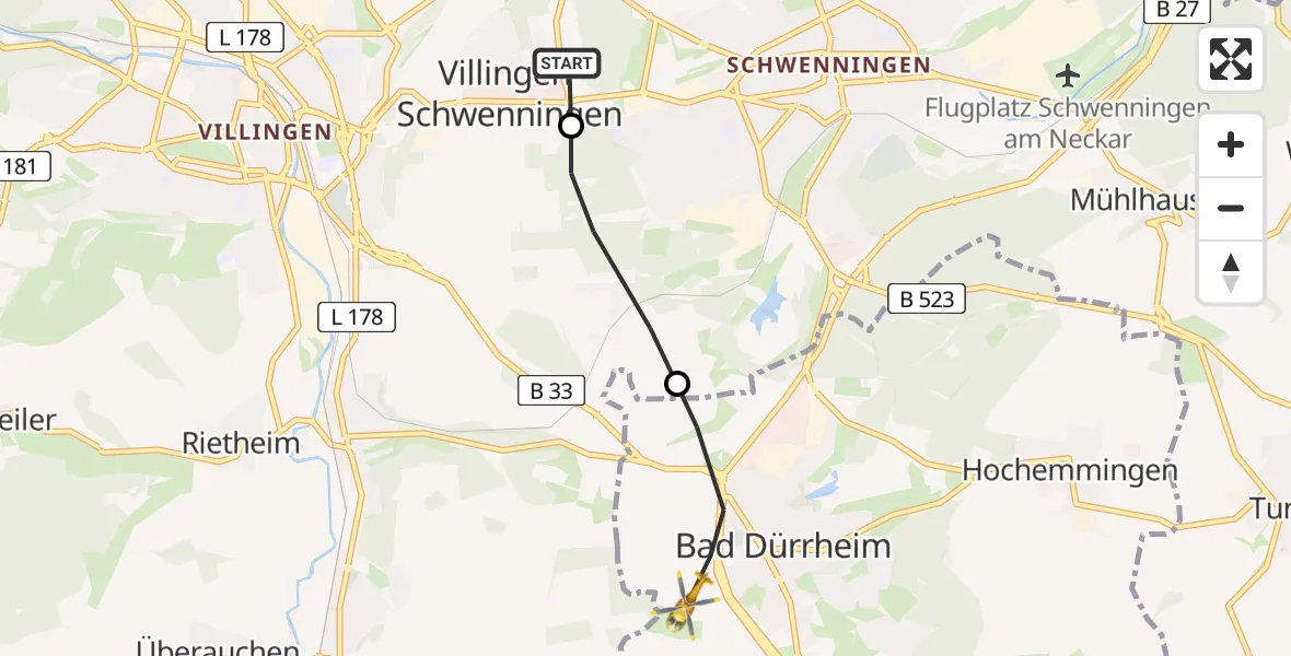 Flugroute Rettungshubschrauber DRF Air Rescue Station Villingen-Schwenningen Heliport (Christoph 11) - Bad Dürrheim, 06 März 2026, 15:46