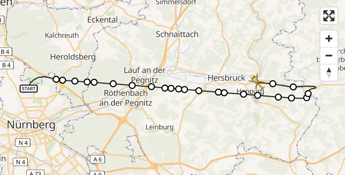 Flugroute Ambulanzhubschrauber Nuremberg Airport - Hohenstadt, 06 März 2026, 15:57