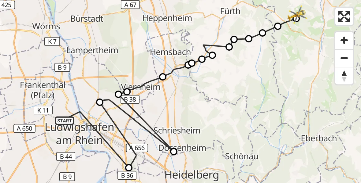 Flugroute Rettungshubschrauber Ludwigshafen am Rhein - Unter-Mossau, 06 März 2026, 16:24