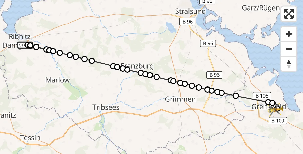 Routekaart van de vlucht: Rettungshubschrauber nach Greifswald Hospital Heliport