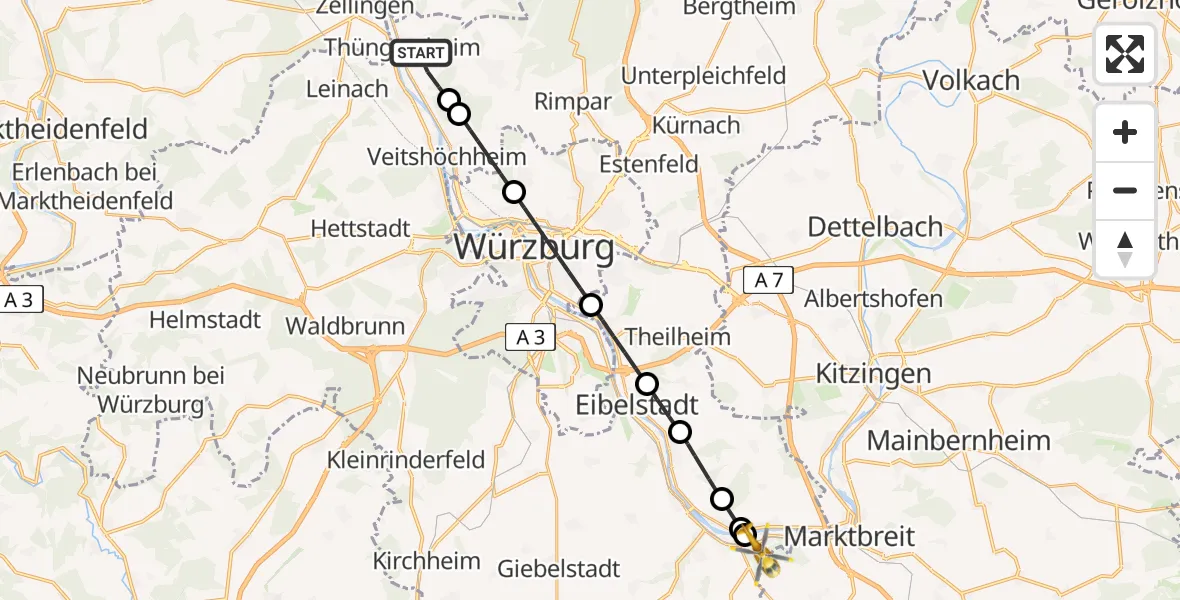 Flugroute Rettungshubschrauber Thüngersheim - Ochsenfurt Hospital Heliport, 06 März 2026, 16:37