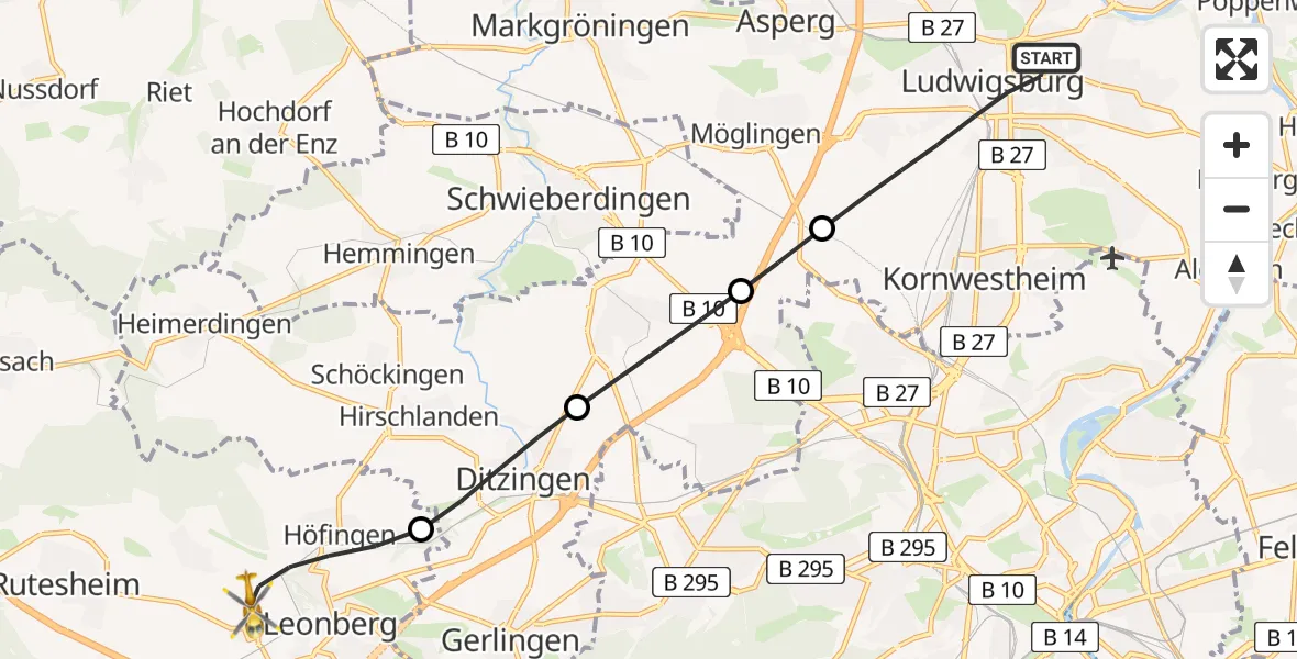 Flugroute Rettungshubschrauber Ludwigsburg - Leonberg Hospital Heliport, 06 März 2026, 16:49