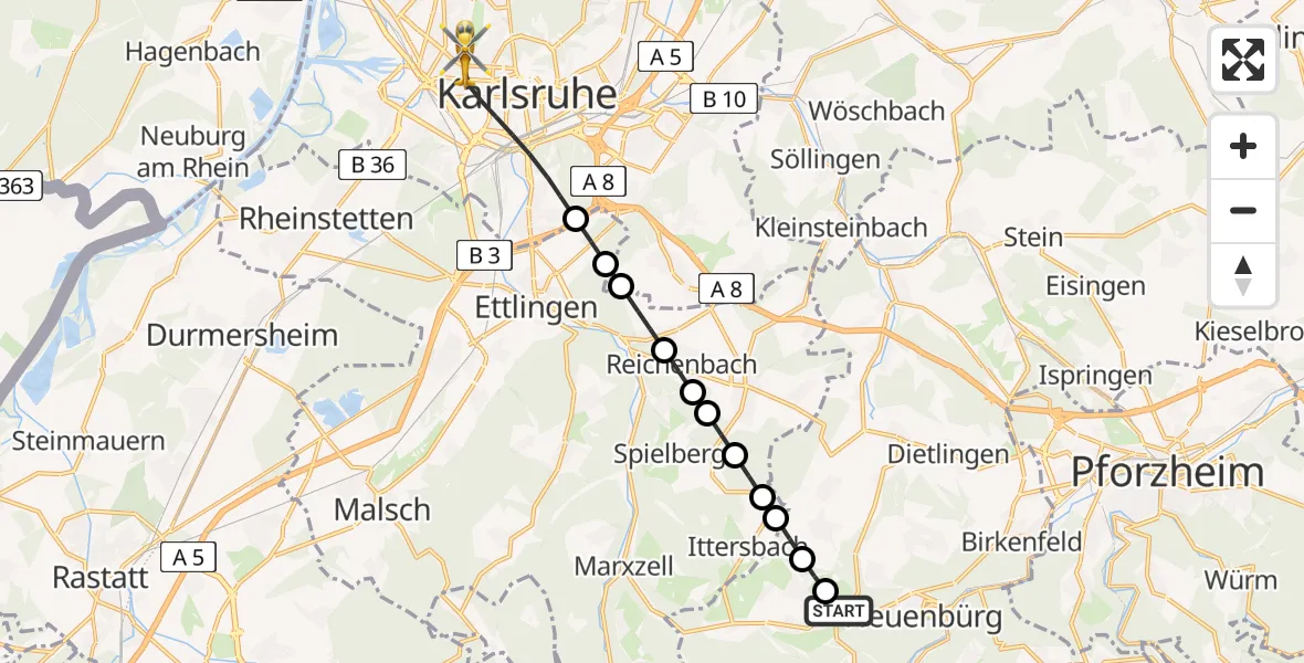 Flugroute Rettungshubschrauber Schwann - Karlsruhe, 06 März 2026, 16:58