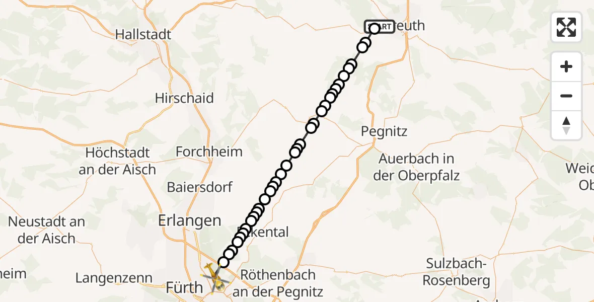 Flugroute Ambulanzhubschrauber Bayreuth - Nuremberg Airport, 06 März 2026, 17:11