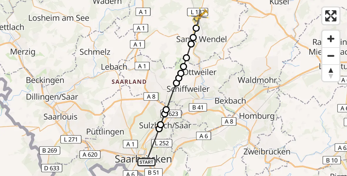 Flugroute Rettungshubschrauber Saarbrücken - Namborn, 06 März 2026, 17:16