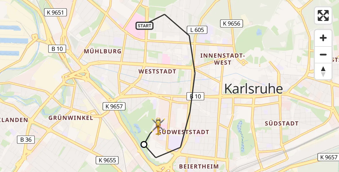 Flugroute Rettungshubschrauber Karlsruhe - Sankt Vincentius Hospital Heliport, 06 März 2026, 17:37