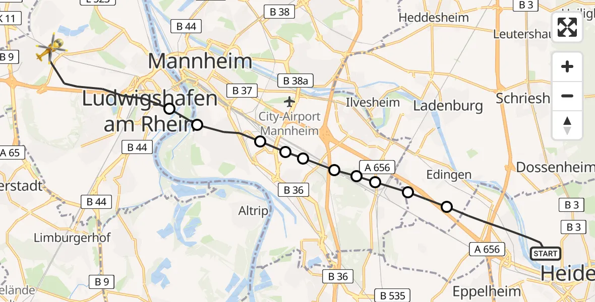 Flugroute Rettungshubschrauber Heidelberg - Ludwigshafen am Rhein, 06 März 2026, 17:41